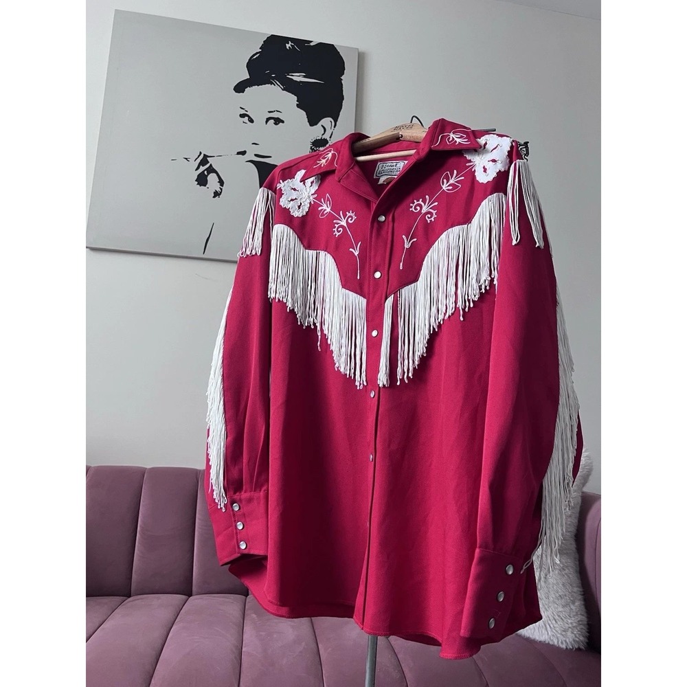 Vintage H Bar C California Ranchwear Red Western Fringe Pearl Snap Shirt‎ XL